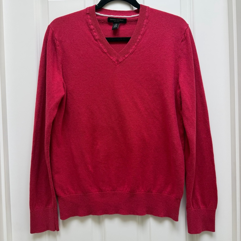 BANANA REPUBLIC SILK LINEN BLEND V NECK LONG SLEEVE SWEATER RED MEDIUM